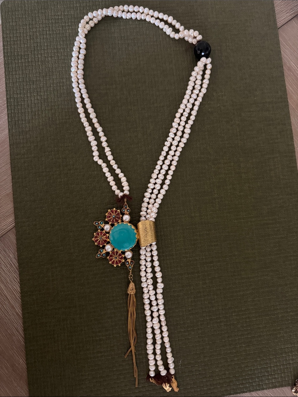 Pearl Strand Necklace with Turquoise Pendant and Gold Tassel
